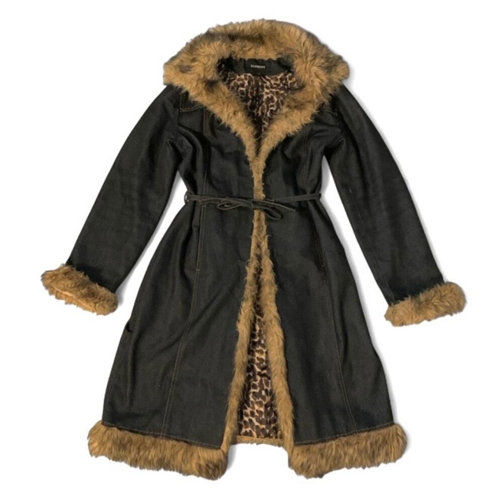 Vintage Express Y2K Denim Faux Fur Penny Lane Coat – Leopard Lining XS/S